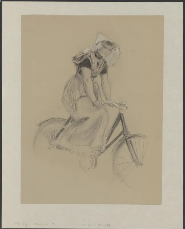 Vrouw in Zeeuwse klederdracht op de fiets Wall Art by Unknown - High-Resolution Digital Print