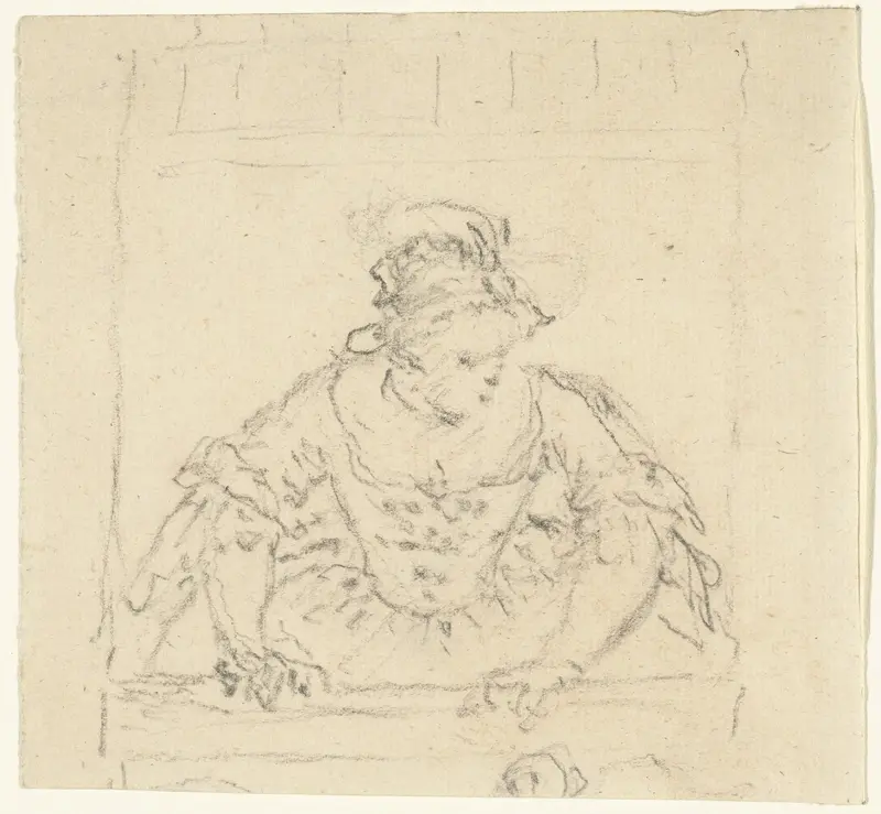 Vrouw kijkend uit een venster Wall Art by Unknown - High-Resolution Digital Print