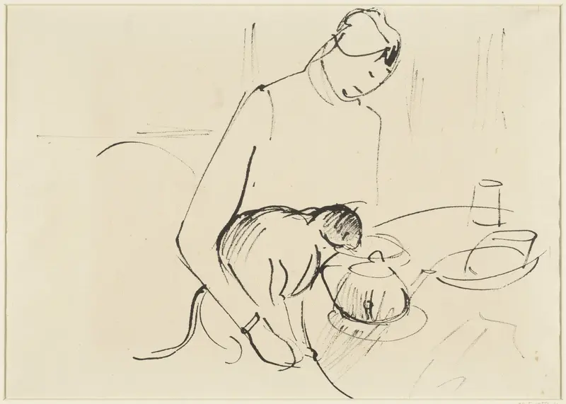 Vrouw laat een kat drinken van een schoteltje op een gedekte tafel Wall Art by Rik Wouters - High-Resolution Digital Print