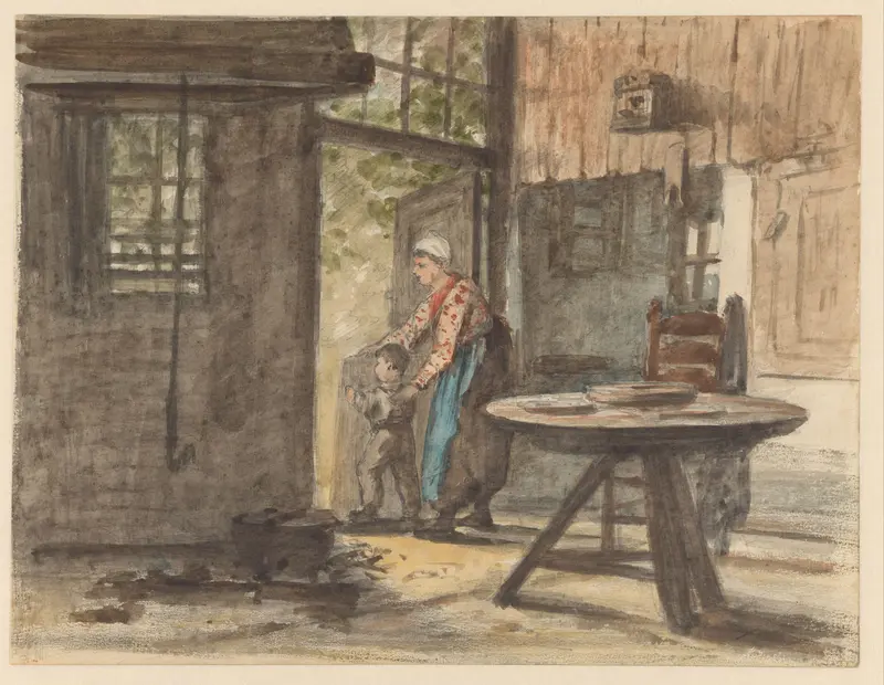 Vrouw laat jongetje naar buiten gaan Wall Art by Hendrik Valkenburg - High-Resolution Digital Print