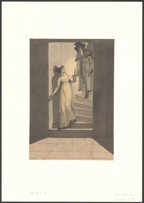 Vrouw leidt een man door een trapgat Wall Art by Christiaan Andriessen - High-Resolution Digital Print
