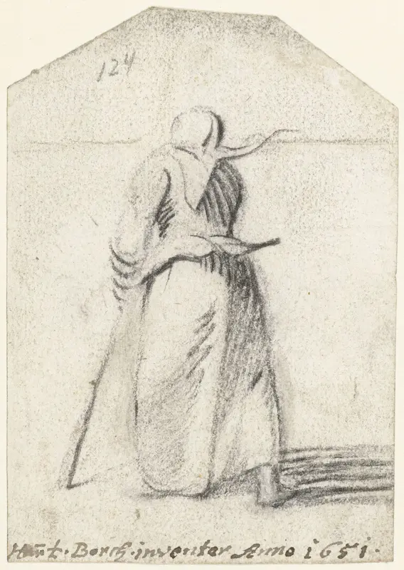 Vrouw leunend op een stok, van achteren Wall Art by Unknown - High-Resolution Digital Print
