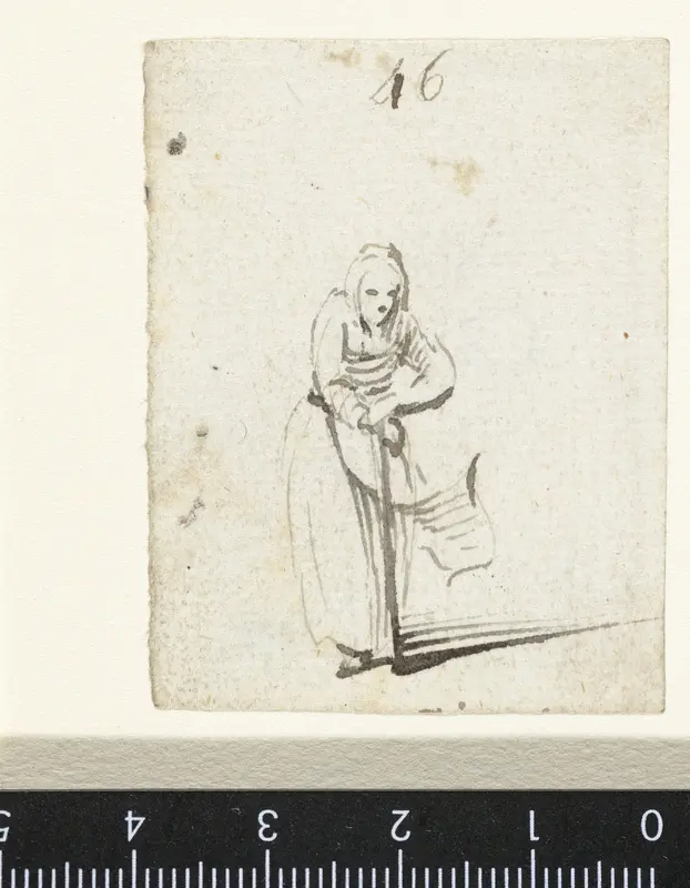 Vrouw leunend op een stok, van voren Wall Art by Harmen ter Borch - High-Resolution Digital Print