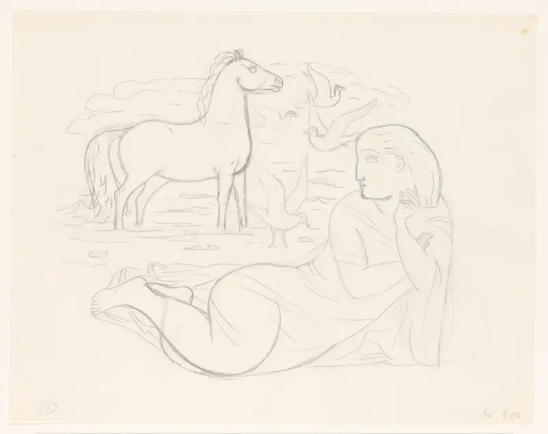 Vrouw liggend aan het strand met een paard en enkele zeemeeuwen Wall Art by Leo Gestel - High-Resolution Digital Print