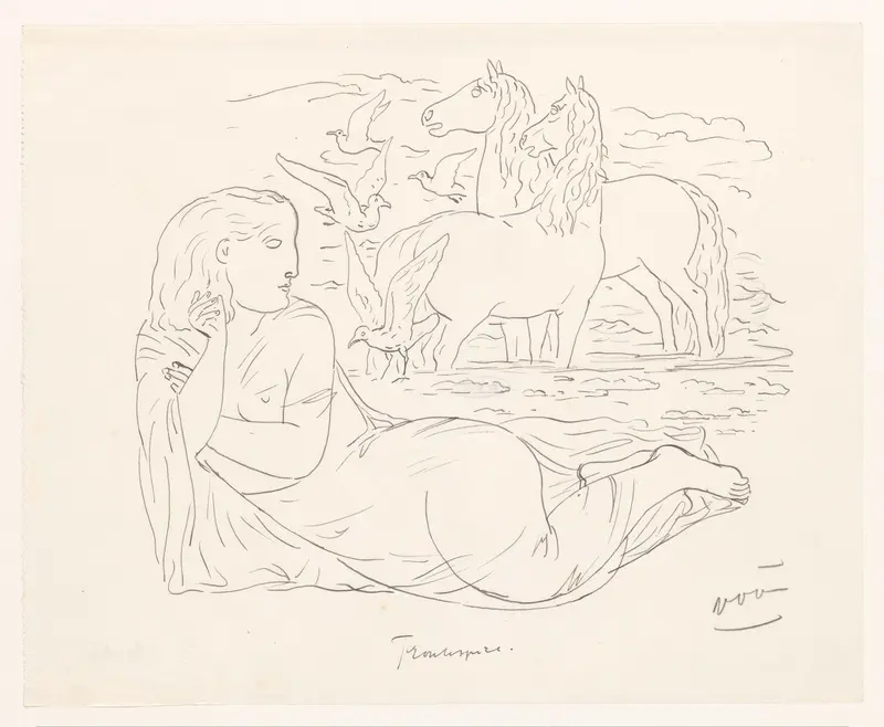 Vrouw liggend aan het strand met twee paarden en enkele zeemeeuwen Wall Art by Leo Gestel - High-Resolution Digital Print