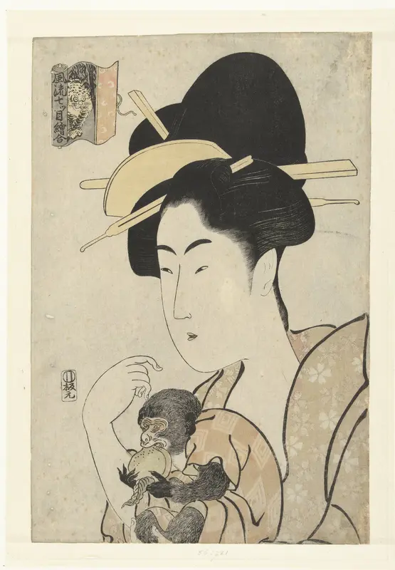 Vrouw met aapje: Aap en tijger Wall Art by Tamagawa Shûchô - High-Resolution Digital Print