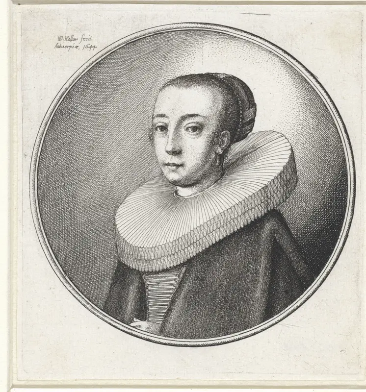 Vrouw met brede stijf geplooide kraag en opgestoken haar Wall Art by Unknown - High-Resolution Digital Print