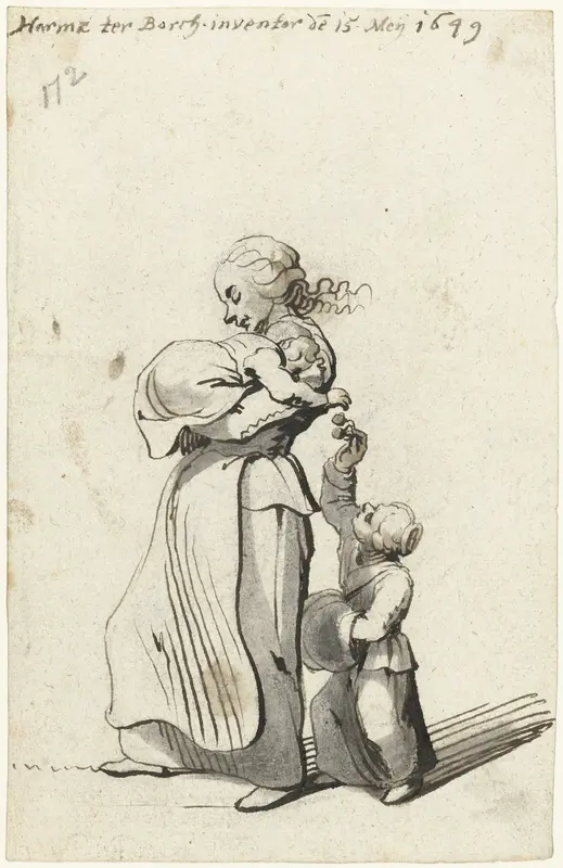 Vrouw met een baby gevolgd door een kind Wall Art by Unknown - High-Resolution Digital Print
