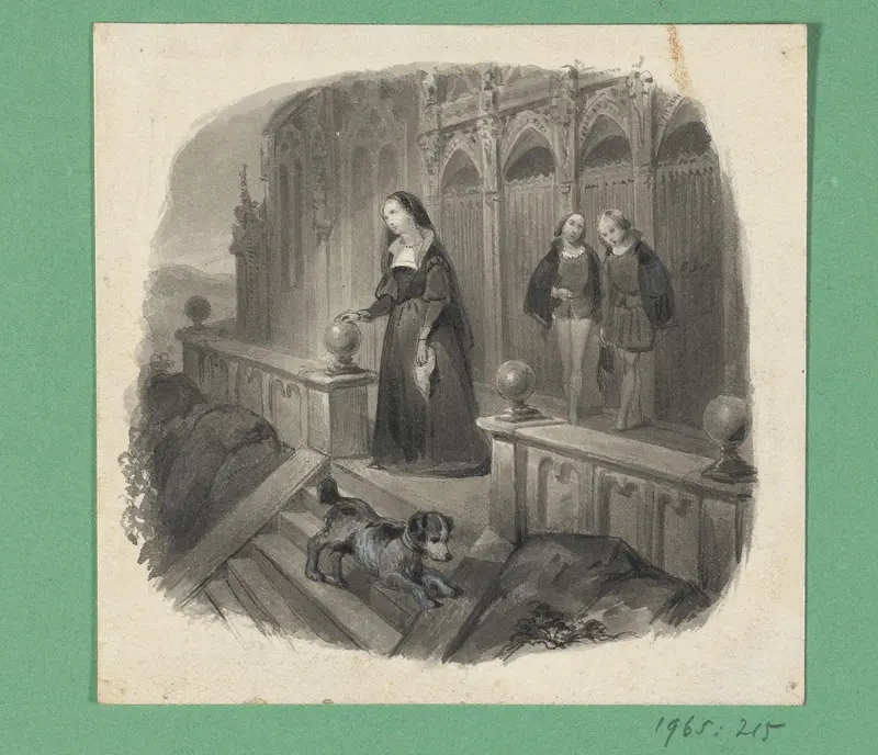 Vrouw met een hond op een bordes Wall Art by Johann Wilhelm Kaiser (I) - High-Resolution Digital Print
