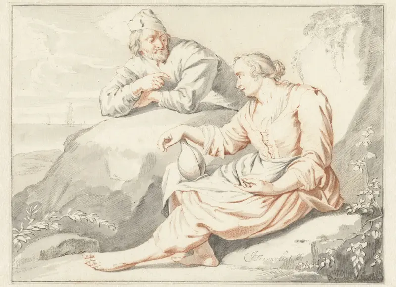 Vrouw met een kruik in gesprek met een man Wall Art by Jacob Toorenvliet - High-Resolution Digital Print