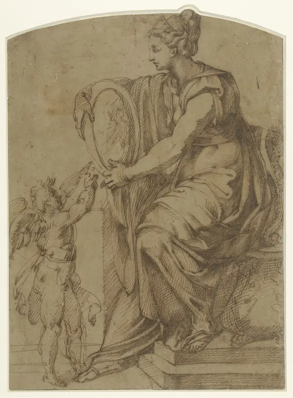 Vrouw met een spiegel op een troon zittend (Prudentia?) Wall Art by Bartolomeo Passarotti - High-Resolution Digital Print