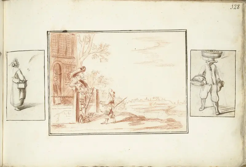 Vrouw met een stoof, twee mannen bij een landshuis en een man met manden Wall Art by Gesina ter Borch - High-Resolution Digital Print