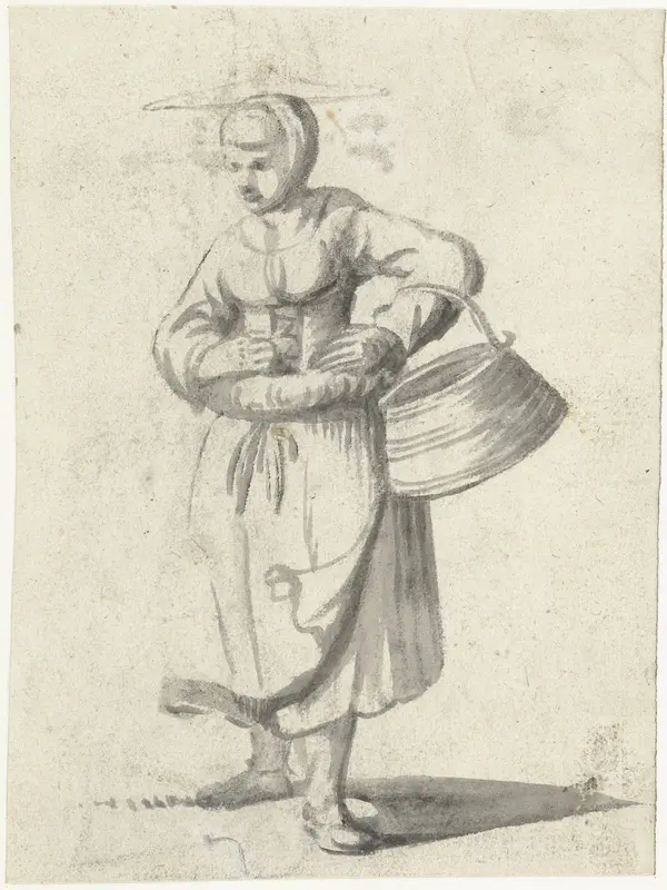 Vrouw met een strohoed en een emmer aan haar arm Wall Art by Harmen ter Borch - High-Resolution Digital Print