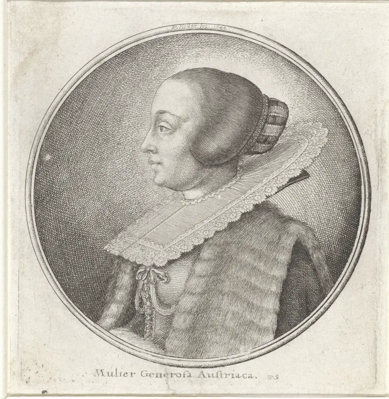 Vrouw met grote stijve kraag en opgestoken haar, en profil Wall Art by Unknown - High-Resolution Digital Print