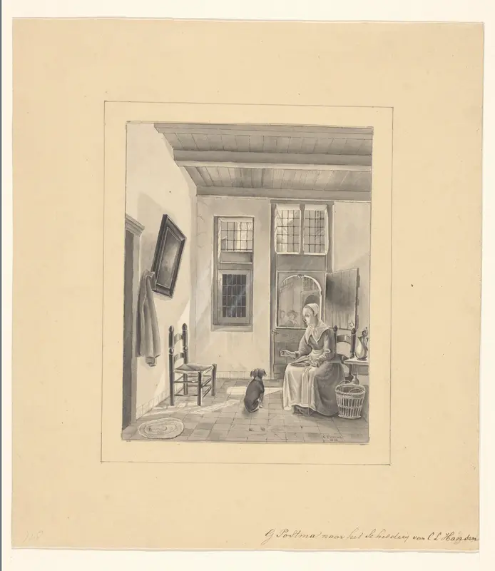 Vrouw met hond in zeventiende-eeuws interieur Wall Art by Unknown - High-Resolution Digital Print