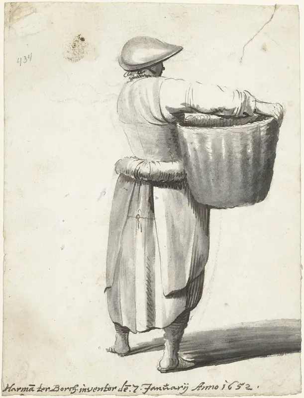 Vrouw met hoofddeksel en een mand, van achteren Wall Art by Unknown - High-Resolution Digital Print