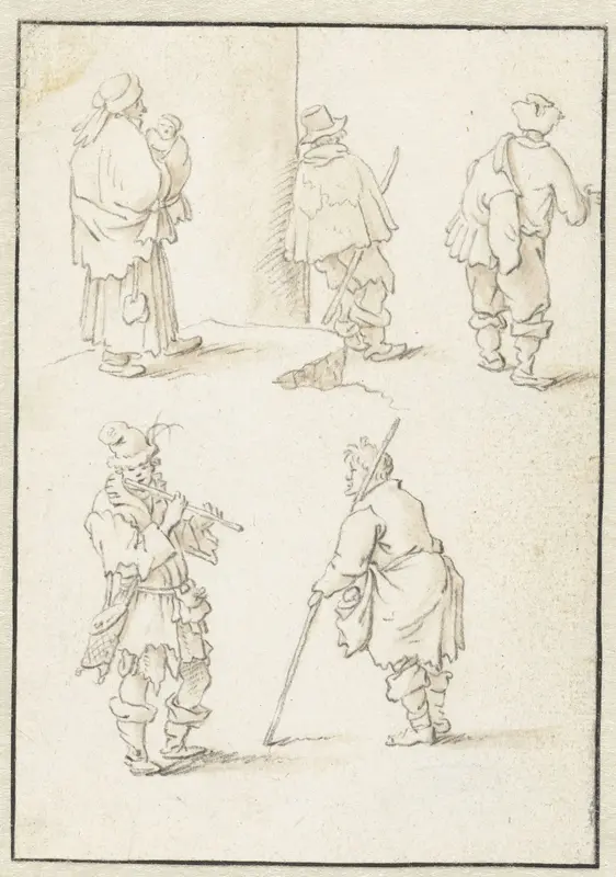 Vrouw met kind, een staande fluitspeler en drie staande mannen Wall Art by Herman Saftleven - High-Resolution Digital Print
