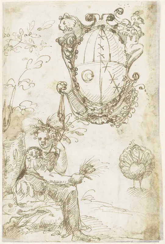 Vrouw met korenaren, een pronkende pauw en een familiewapen in cartouche Wall Art by anonymous - High-Resolution Digital Print