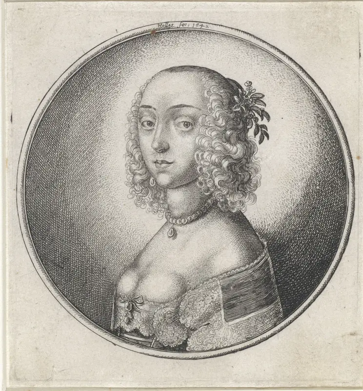Vrouw met laag decolleté, parelketting en bloem in het haar Wall Art by Unknown - High-Resolution Digital Print