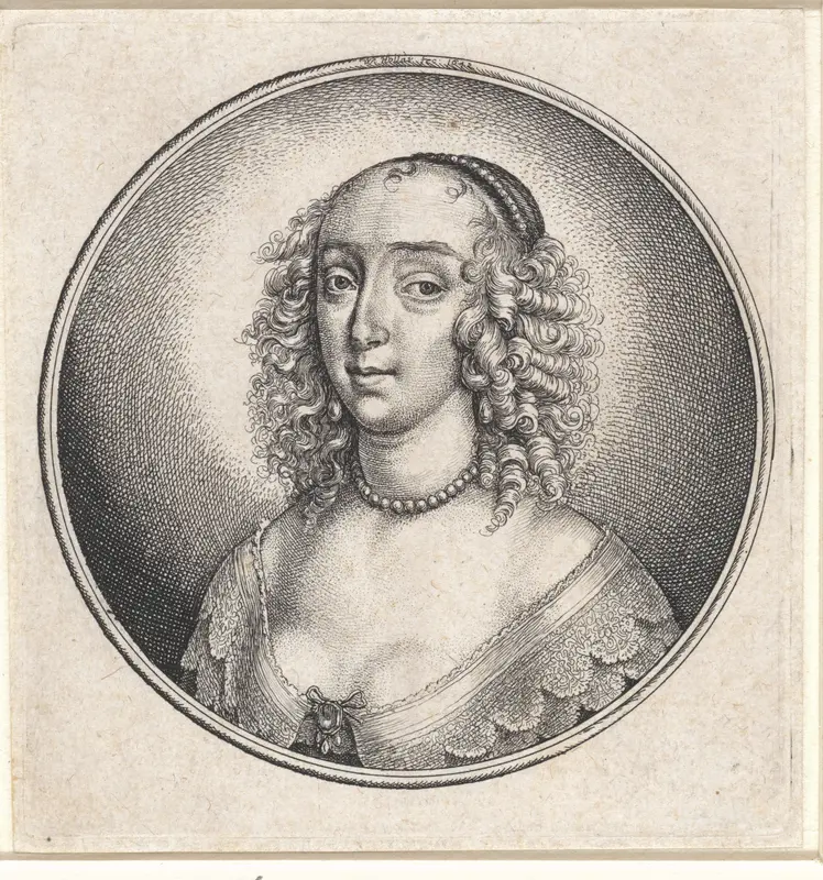 Vrouw met laag decolleté, parelketting en gekruld haar Wall Art by Unknown - High-Resolution Digital Print