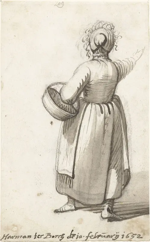 Vrouw met mand, naar rechts gebarend, van achteren Wall Art by Unknown - High-Resolution Digital Print