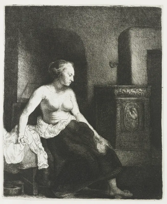 Vrouw met naakt bovenlichaam bij een kachel Wall Art by anonymous - High-Resolution Digital Print