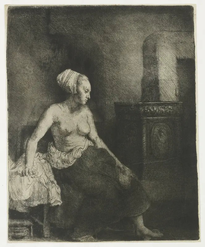 Vrouw met naakt bovenlichaam bij een kachel Wall Art by Unknown - High-Resolution Digital Print
