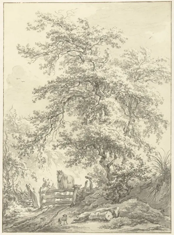 Vrouw met paard bij hek onder grote boom Wall Art by Egbert van Drielst - High-Resolution Digital Print