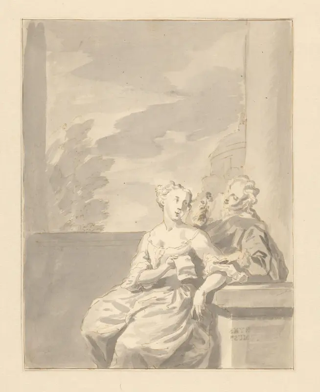 Vrouw met papier en man met bloem Wall Art by anonymous - High-Resolution Digital Print
