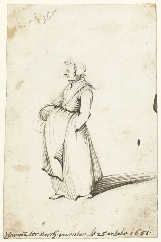Vrouw met schort om en een mand, naar links Wall Art by Unknown - High-Resolution Digital Print