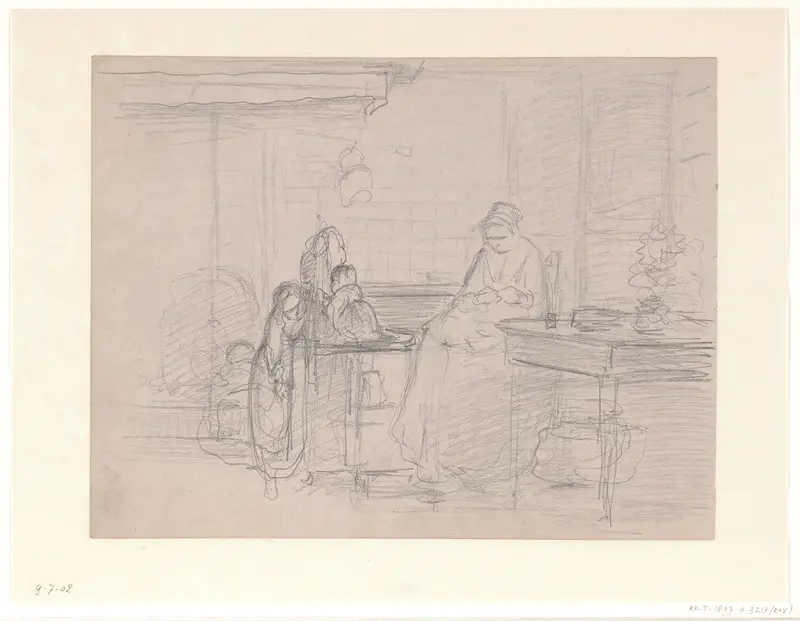 Vrouw met twee kinderen in interieur Wall Art by Hendrik Valkenburg - High-Resolution Digital Print