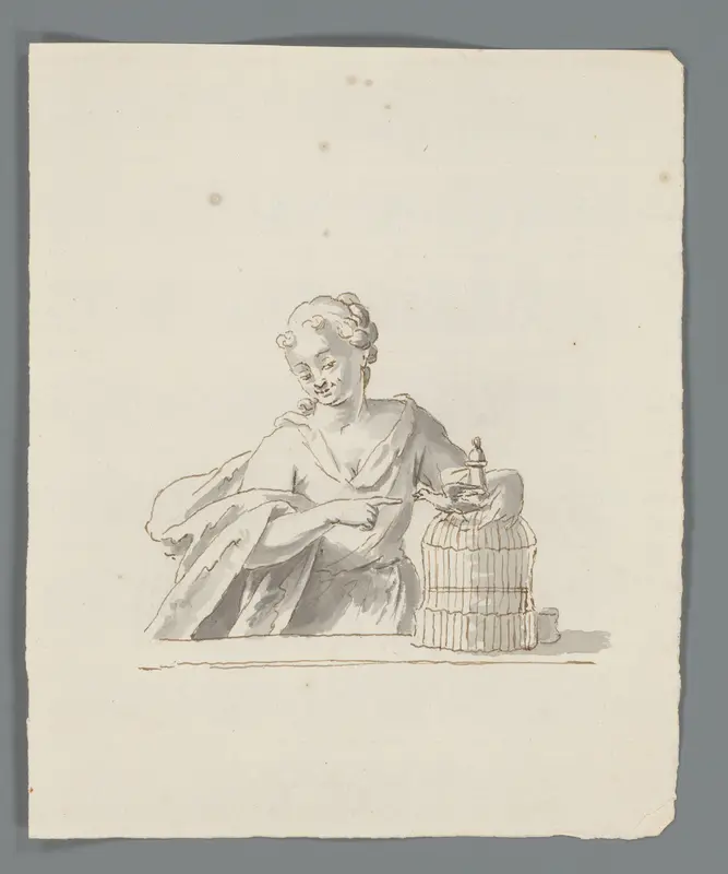 Vrouw met vogel op zijn kooi Wall Art by Matthijs Balen (1684-1766) - High-Resolution Digital Print