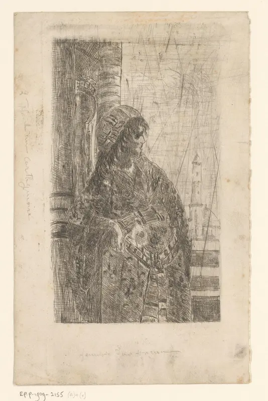 Vrouw op balustrade met moskee op de achtergrond Wall Art by Vicomte Arthur-Jean Le Bailly d'Inghuem - High-Resolution Digital Print