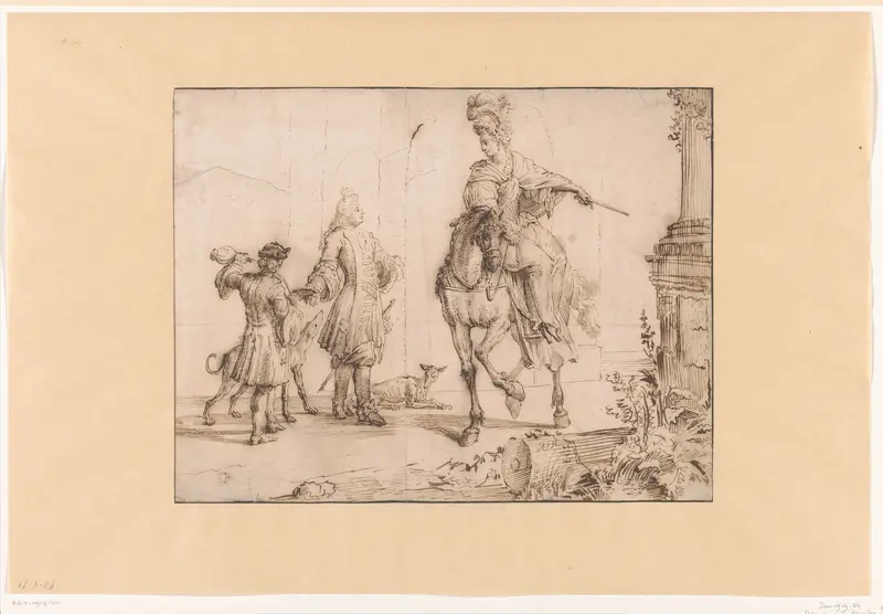 Vrouw op een paard, begroet door een man en diens bediende Wall Art by Unknown - High-Resolution Digital Print