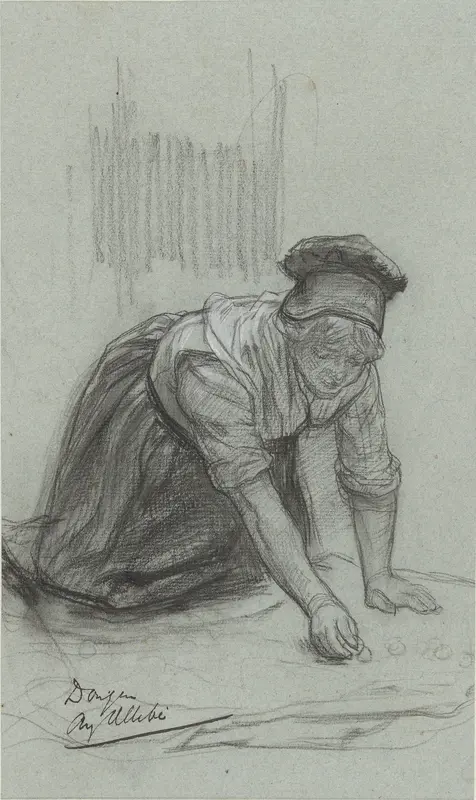 Vrouw op haar knieën, bezig met schoonmaken Wall Art by August Allebé - High-Resolution Digital Print