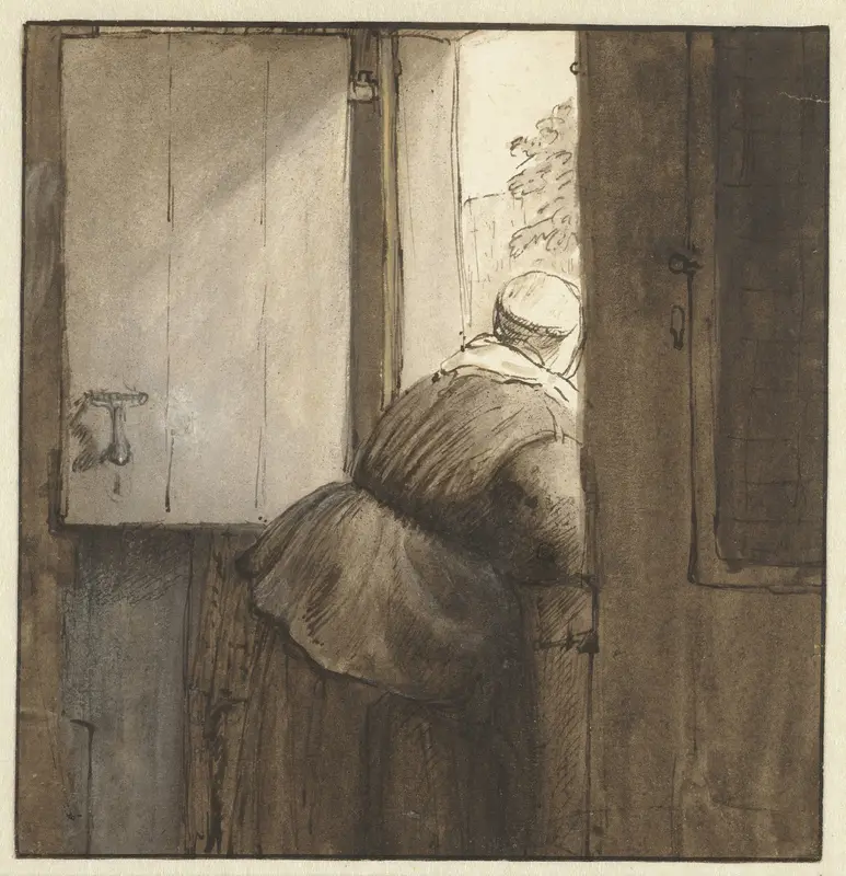 Vrouw over onderdeur geleund Wall Art by Unknown - High-Resolution Digital Print