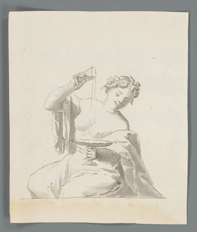 Vrouw schenkt vloeistof uit een glas op een schaal Wall Art by Matthijs Balen (1684-1766) - High-Resolution Digital Print