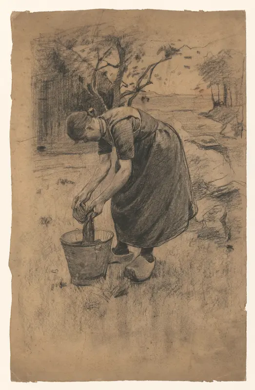 Vrouw spoelt de was in een emmer, voor een boerderij Wall Art by Willem Witsen - High-Resolution Digital Print