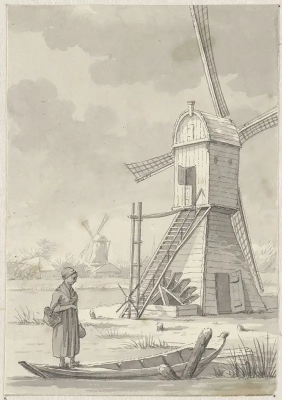 Vrouw staand op een bootje voor een windmolen Wall Art by Pieter de Goeje - High-Resolution Digital Print