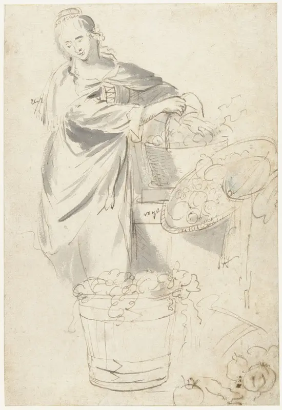 Vrouw staande naast een uitstalling van fruit Wall Art by Unknown - High-Resolution Digital Print
