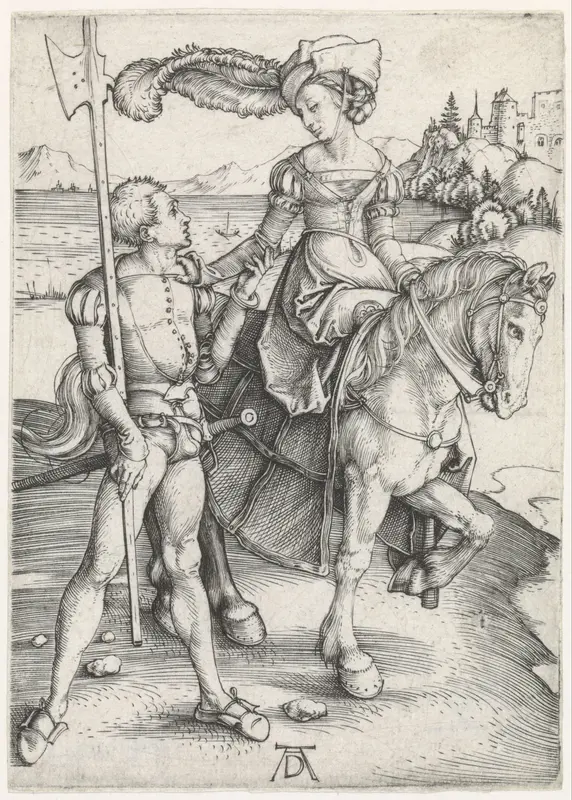 Vrouw te paard en soldaat Wall Art by Unknown - High-Resolution Digital Print