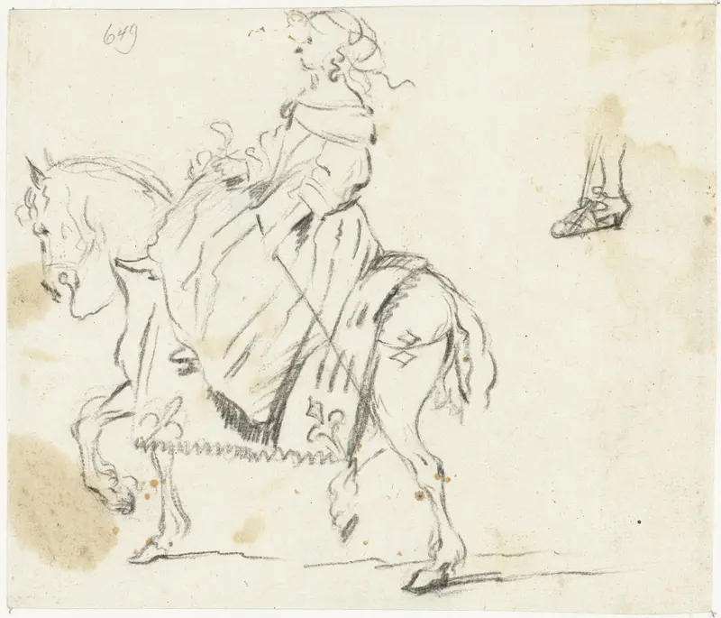 Vrouw te paard, van opzij gezien, met schetsje van een onderbeen en voet Wall Art by Gesina ter Borch - High-Resolution Digital Print