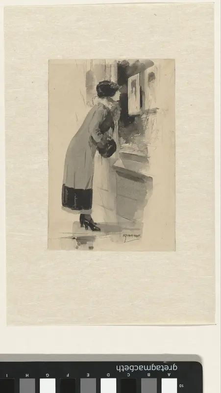 Vrouw voor een etalage met prenten en boeken Wall Art by Unknown - High-Resolution Digital Print