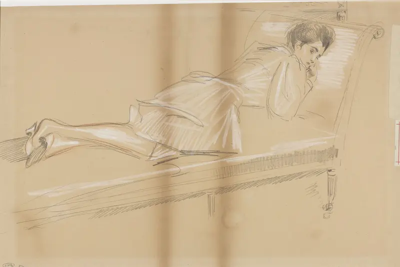 Vrouw voorover liggend op rustbank Wall Art by Paul César Helleu - High-Resolution Digital Print