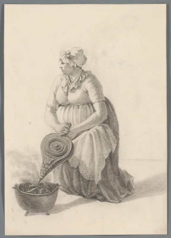 Vrouw wakkert een vuur aan met een blaasbalg Wall Art by anonymous - High-Resolution Digital Print