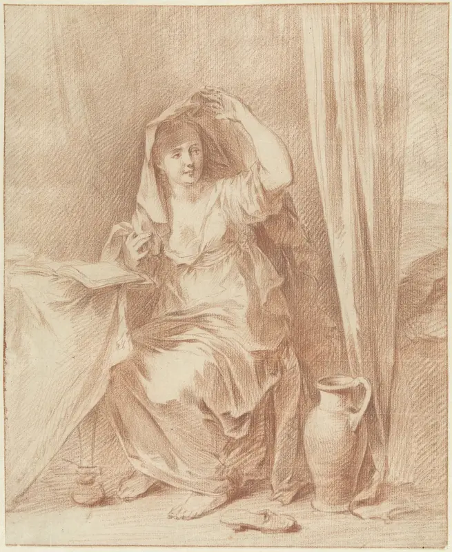 Vrouw zittend aan een tafel achter een boek Wall Art by Willem Joseph Laquy - High-Resolution Digital Print
