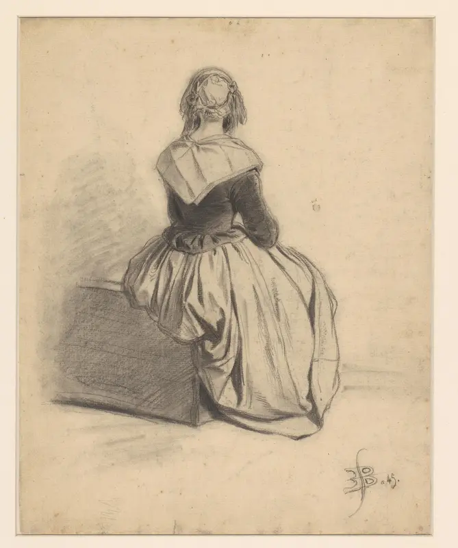 Vrouw zittend op een kist, op de rug gezien Wall Art by Eugène François de Block - High-Resolution Digital Print