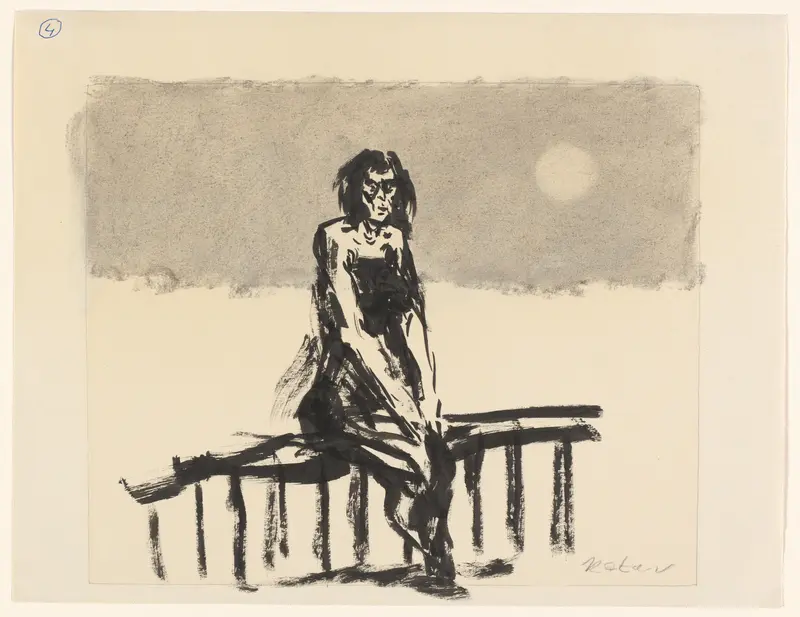 Vrouw zittend op hek Wall Art by Unknown - High-Resolution Digital Print