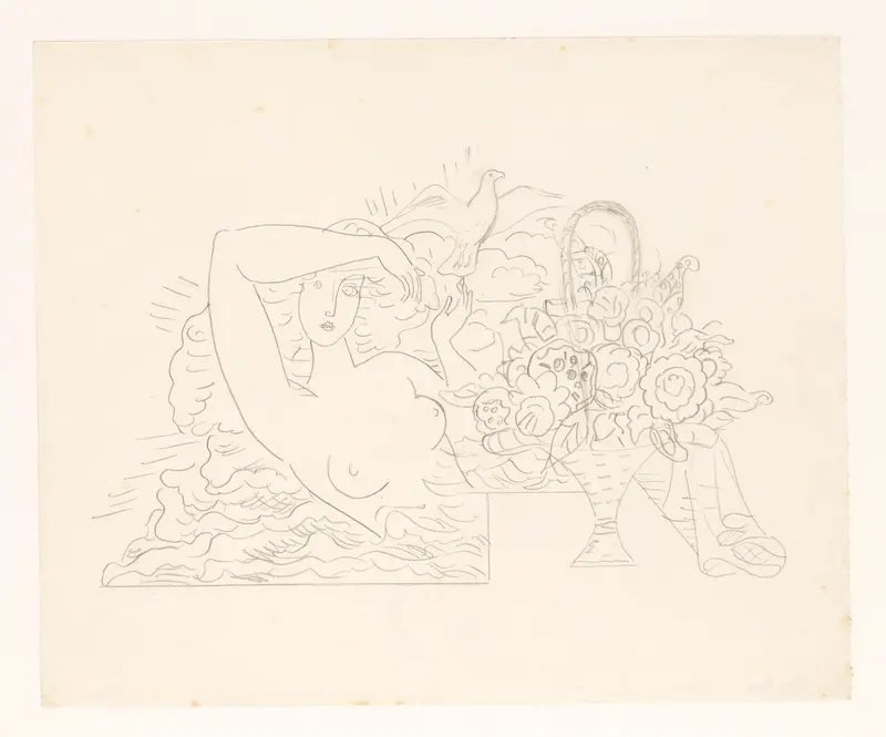 Vrouwelijk naakt in de golven die een vogel los laat, op de voorgrond een mand met bloemen Wall Art by Leo Gestel - High-Resolution Digital Print