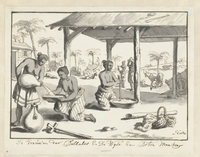 Vrouwen van de stam der Bellales op Ceylon maken boter Wall Art by Jean Covitré - High-Resolution Digital Print